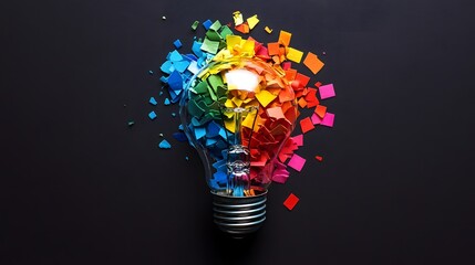 Colorful idea bursts from lightbulb on dark background