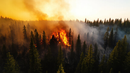 dense forest engulfed in flames, showcasing devastation of wildfire