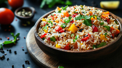 Freshly Cooked Fried Rice with Colorful Vegetables and Herbs in a Traditional Wooden Bowl