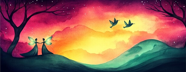 A vibrant, mystical landscape featuring two figures with wings, silhouetted against a colorful sunset, and birds flying in a serene atmosphere.