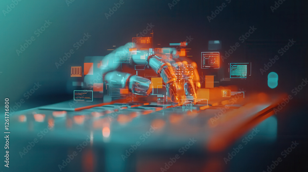 Poster hyper detailed robotic hand typing on keyboard, showcasing advanced technology and digital interacti
