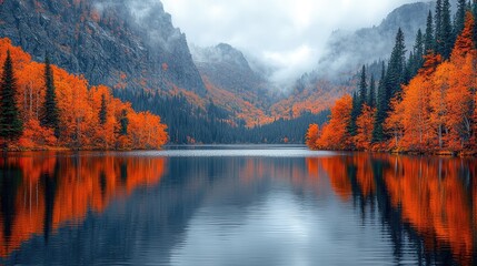 Vibrant autumn landscape reflecting colorful trees and mountains in serene lake under cloudy sky