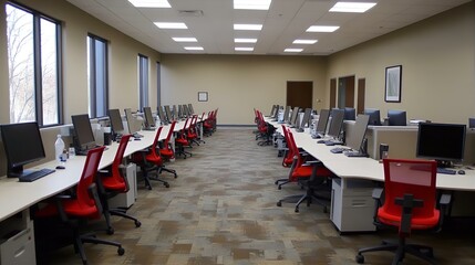 Modern Computer Lab Interior: Rows of Desktops & Red Chairs in Brightly Lit Room, Beige Walls, Carpeted Floor, Educational Facility