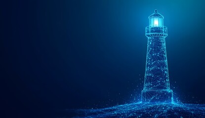 Abstract digital lighthouse guiding light, dark ocean background