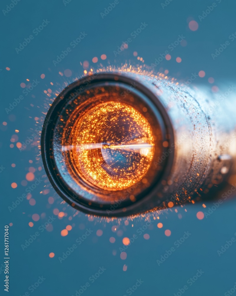 Poster futuristic precision target glowing circular lens with digital sparks on matte metallic texture - cu