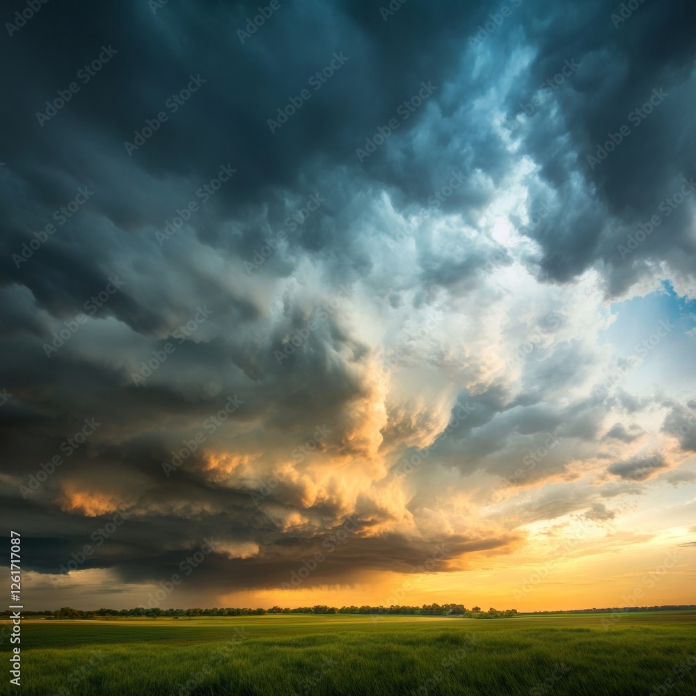 Aufkleber Dramatic Storm Cloudscape Capturing Atmospheric Turbulence Over Lush Fields - Dynamic Climate Content for Weather Education and Environmental Awareness