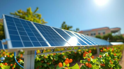 Solar panel installation in a vibrant greenery outdoor landscape technology and nature fusion bright sunny day close-up perspective