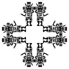 Square geometrical ornament or frame with stylized human figurines from Paracas. Indigenous ethnic Native American design from ancient Peru. Black and white silhouette