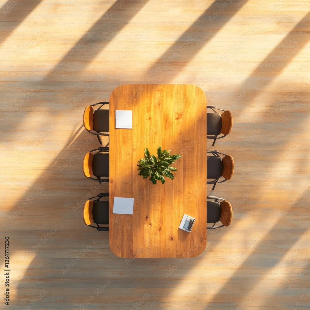 Poster scandinavian minimalist workspace wooden conference table with documents and plant - business innova
