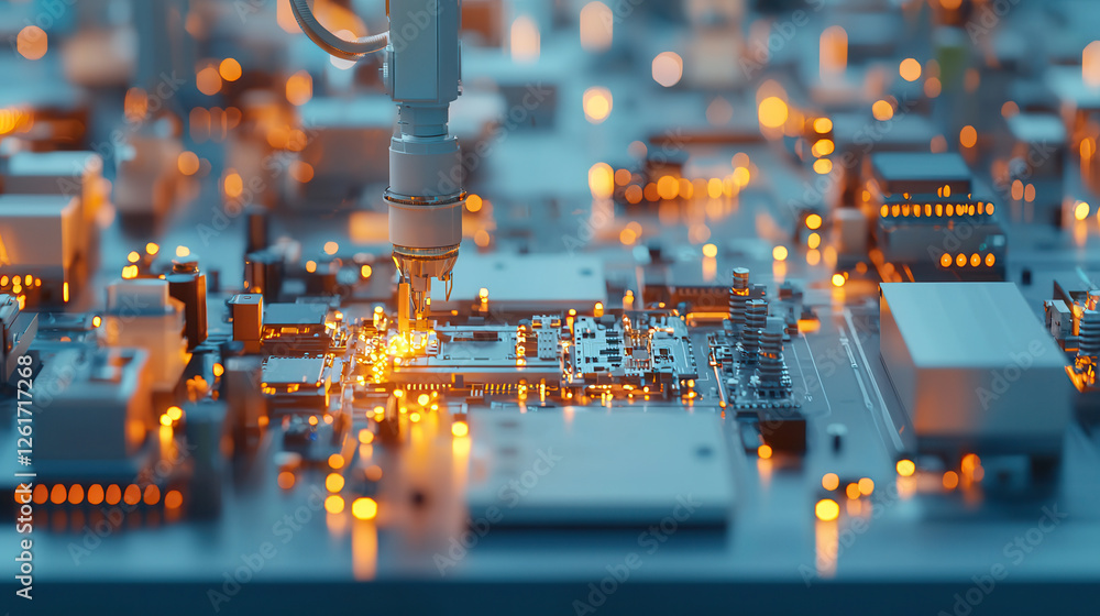 Poster robotic arm assembling intricate electronic components on circuit board, showcasing advanced technol