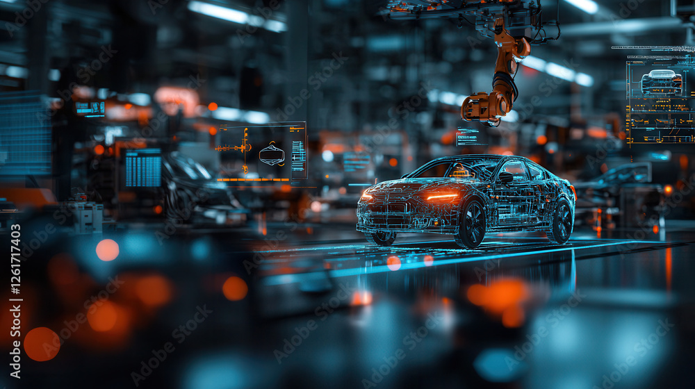 Poster robotic arm painting car with precision in futuristic factory setting, showcasing advanced technolog