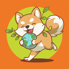 cartoon of a shiba inu dog hugging a globe