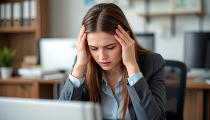 Young businesswoman freelancer or student holding her head in pain, suffering from a headache or migraine at her workplace, reflecting the impact of health problems on her work.
