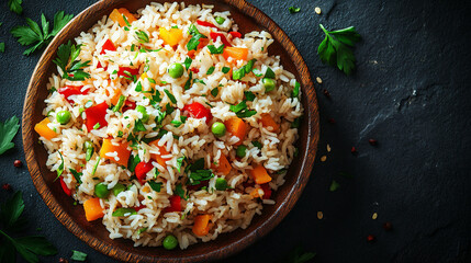 Fragrant and Colorful Fried Rice Dish with Mixed Vegetables, Fresh Herbs, and Protein-Rich Additions