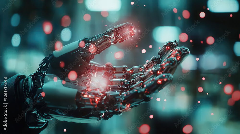 Poster futuristic robotic hand with intricate mechanics and glowing red lights, showcasing advanced technol