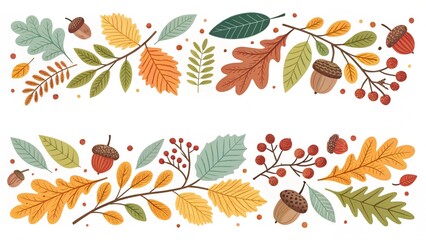 Fototapeta premium Colorful autumn horizontal banner with leaves, berries, and acorns isolated on a white background. Modern border background with place for text. natural seasonal decorative element.