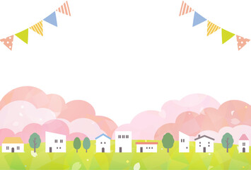 満開の桜と街並みの背景イラスト