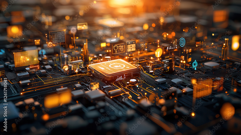 Poster abstract 3d rendering of smart city with interconnected technology, showcasing vibrant circuits and 