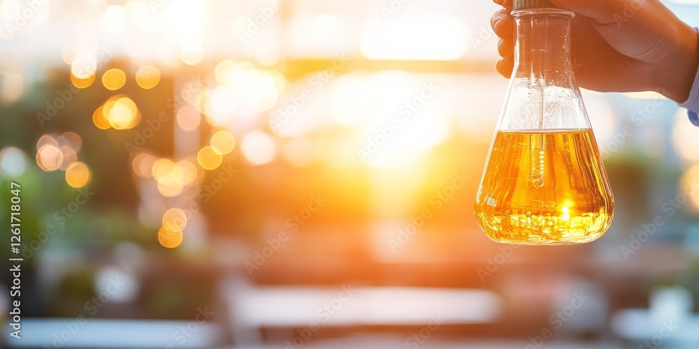 Poster sunlit beaker display in modern scientific laboratory setting - glass chemistry experiment with lumi