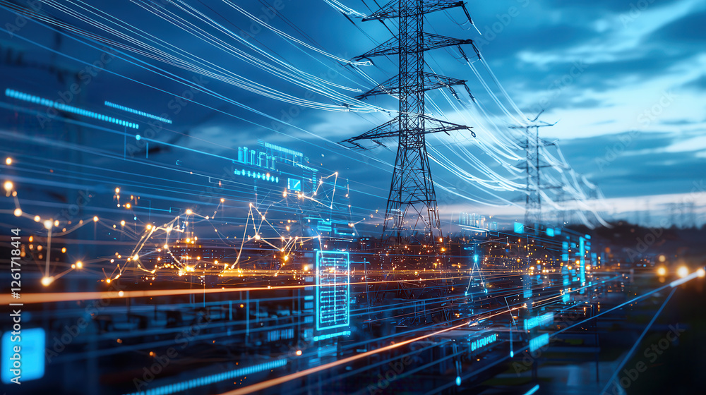 Poster image showcases modern energy management center with dynamic data visualization, optimizing renewabl