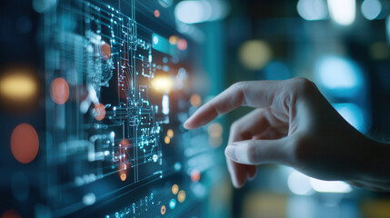 Fototapeta premium Hand interacting with digital interface, showcasing advanced technology and data visualization, emphasizing innovation and connectivity