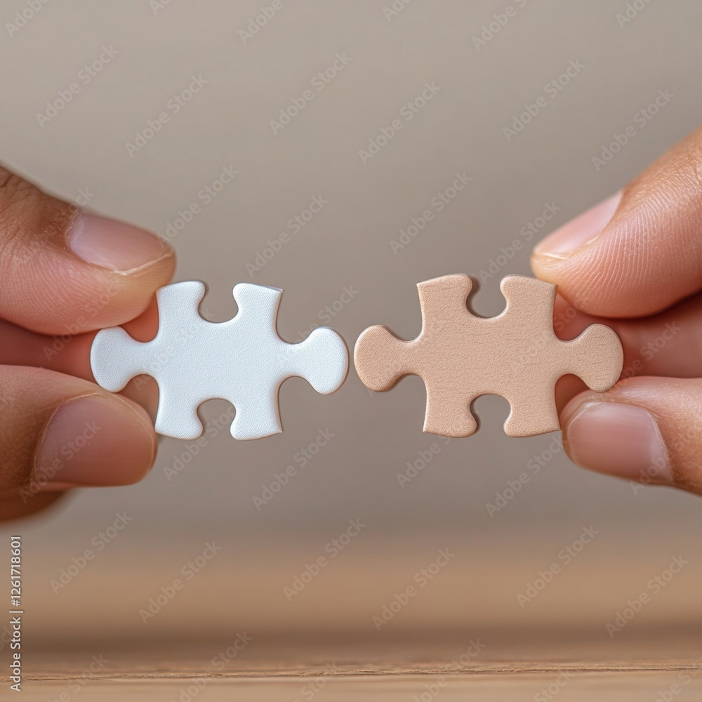 Leinwandbilder tactile connection minimalist puzzle piece interaction on wooden table collaborative business strate