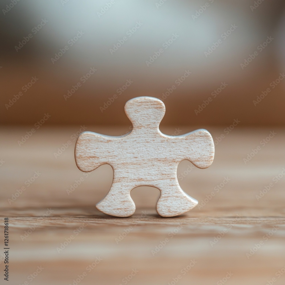 Poster Minimalist Wooden Puzzle Piece on Natural Grain Table Symbol of Unity in Modern Business Content and Team Collaboration Strategies