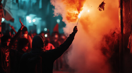 vibrant festival scene with people celebrating amidst smoke and flares