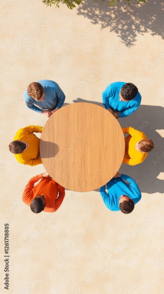 Poster modern collaborative team dynamics diverse professionals in bright attire around wooden table - visu