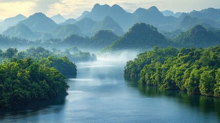 Serene river winding through lush green mountains under a cloudy sky at dawn