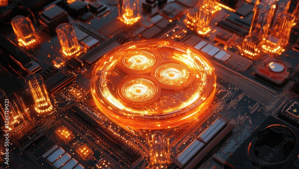 Poster fiery cpu on circuit board cityscape