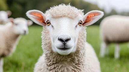 Fototapeta premium White sheep looks directly at the camera in a lush green pasture during a bright day.