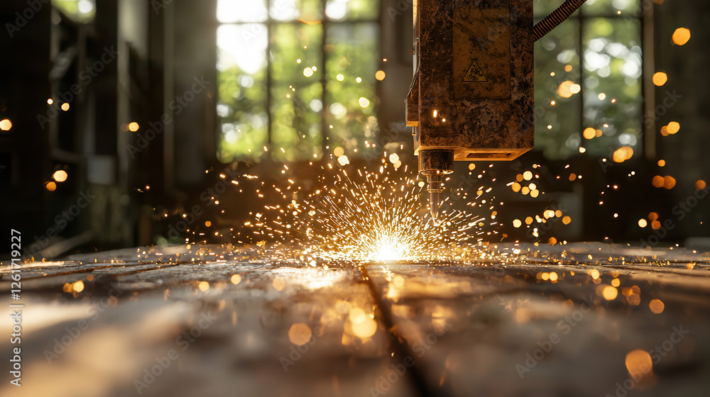 Aufkleber close up view of industrial robotic arm creating sparks during welding process, showcasing precision