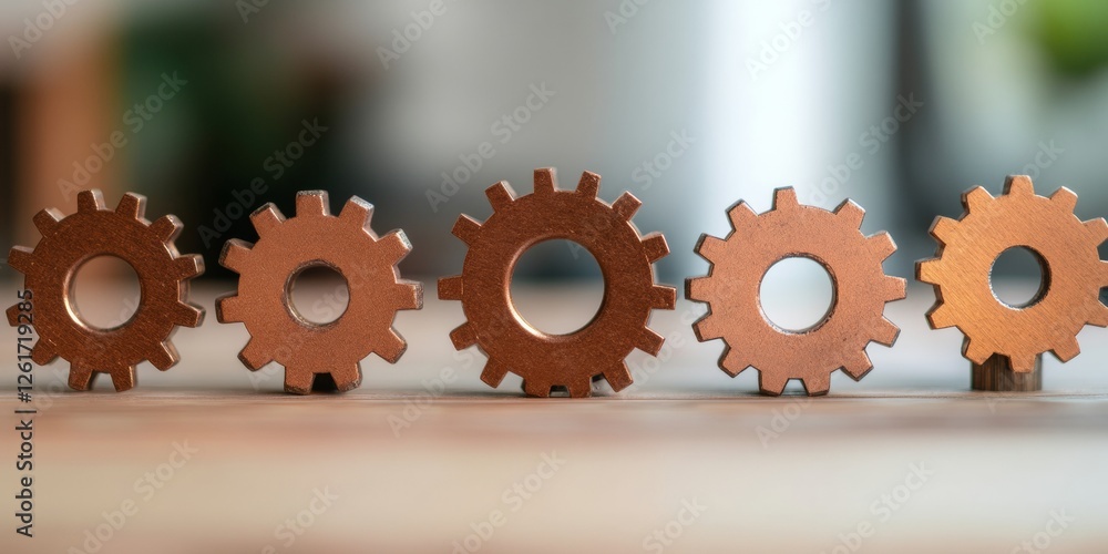 Poster industrial aesthetics metallic gears on wooden surface for collaborative problem-solving in modern b
