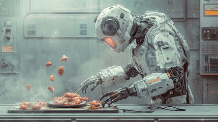 Fototapeta premium autonomous robotic chef preparing gourmet meals with precision and care, showcasing advanced technology in futuristic kitchen