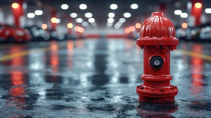 Bright red fire hydrant standing on a wet floor in a dimly lit parking garage with cars