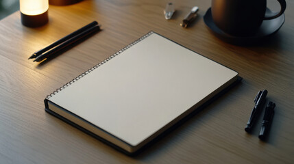 clean notebook page on wooden table, ready for sketches and ideas