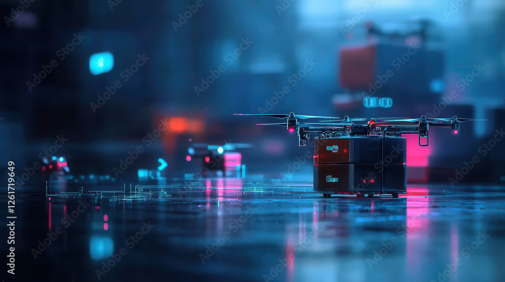 Poster automated delivery system with drones and robotic technology in futuristic setting, showcasing vibra