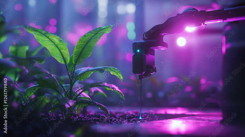 Poster automated gardening system with robotic tools in vibrant environment