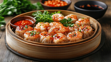 Delicately Crafted Shrimp and Seafood Dumplings in a Traditional Steamer Basket with Fresh Garnishes