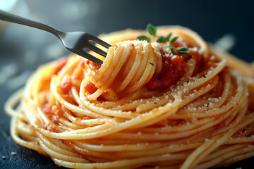 Close Up Of Spaghetti With Tomato Sauce And Parmesan Cheese