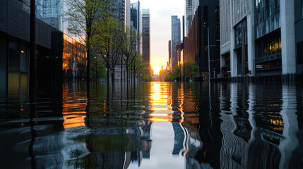 Fototapeta premium flooded modern city reflecting sunlight on water, showcasing urban resilience