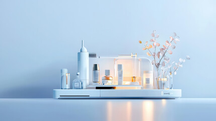 modern automated pet grooming robot with glowing tools and soft lighting, surrounded by various grooming products and decorative elements