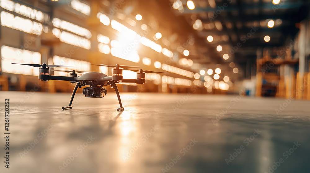 Poster autonomous drone delivery system operating in warehouse environment, showcasing advanced technology 