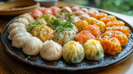 Colorful Variety of Traditional Dim Sum Dumplings with Seafood and Vegetable Fillings in a Steamer