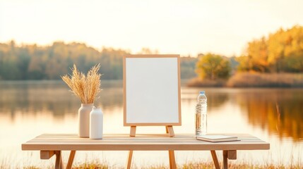 Serene Lakeside Team-Building Retreat Wooden Table with Whiteboard and Reusable Bottles - Inspiring Outdoor Leadership Space for Sustainable Business Strategy Sessions