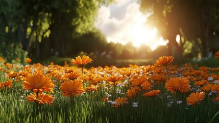 Basking in nature's beauty vibrant orange flowers in a sunlit meadow scenic landscape tranquil environment