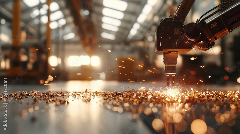 Aufkleber automated robotic arm performing precision cutting in workshop, creating sparks and metal shavings