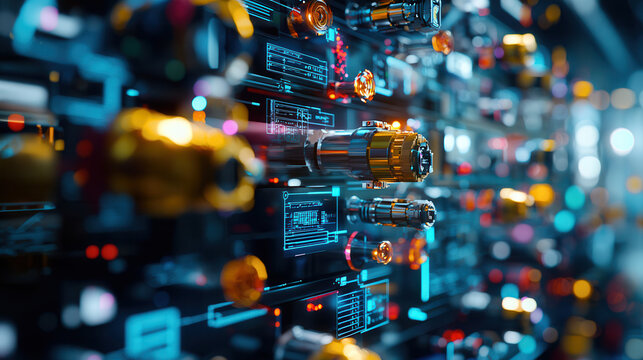close up view of futuristic digital interface with glowing components, showcasing advanced technology and innovation in manufacturing