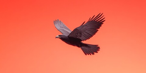 Obraz premium Dynamic Avian Sculpture Imagery Black Eagle Over Gradient Red Background - Symbolic Patriotic Marketing and Cultural Engagement, Modern Visual Evocation